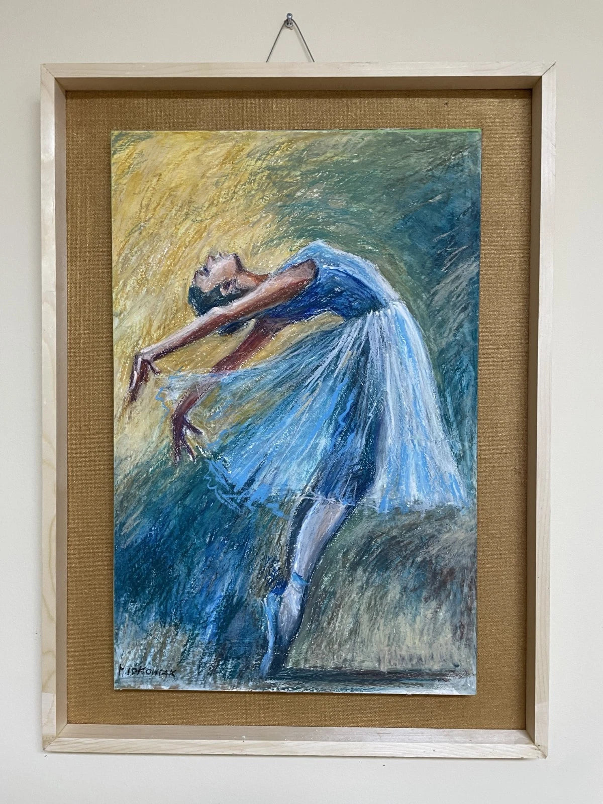 Expressive Ballerina in Blue Original Pastel Dance Portrait Framed